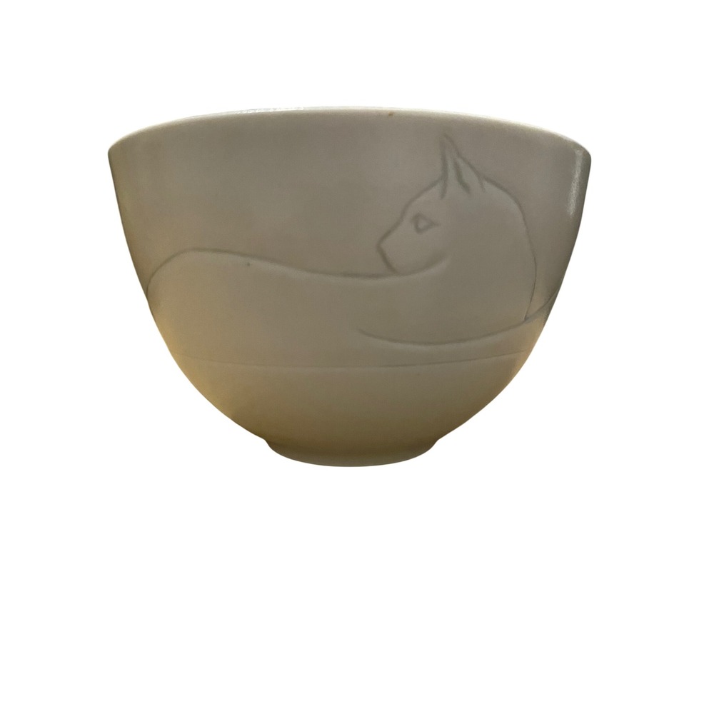 Mary Lou Charette Studio Pottery Cat Bowl Matte White Signed Artisan Stoneware